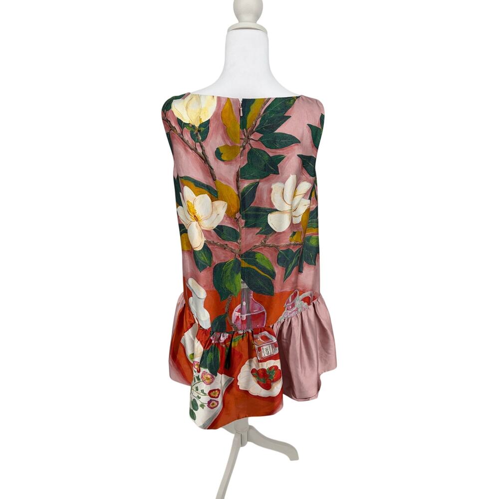 Oscar de la Renta Silk Magnolia Still Life Print Drop Waist Ruffle Dress Pink - Picture 9 of 9